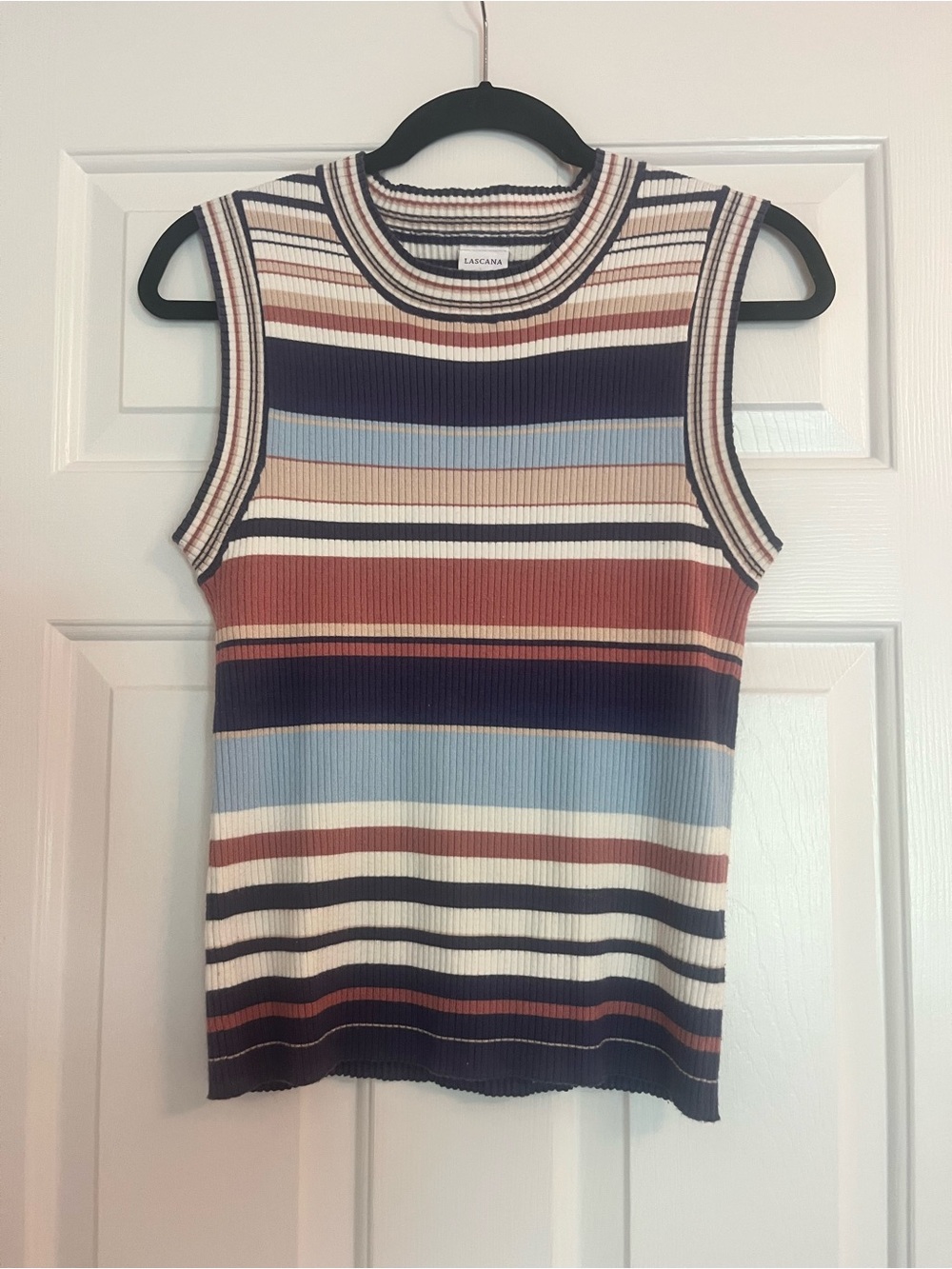 Lascana Striped Ribbed Sleeveless Tank Top - Blue, Rust & Cream